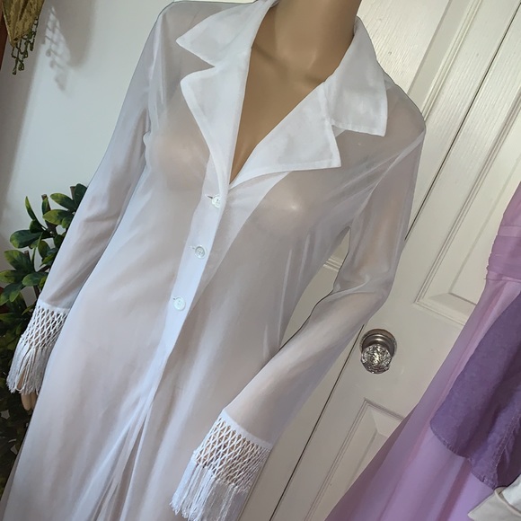 Y2K White sheer flapper fringe sexy maxi duster cardigan club coat jacket S - Picture 6 of 14